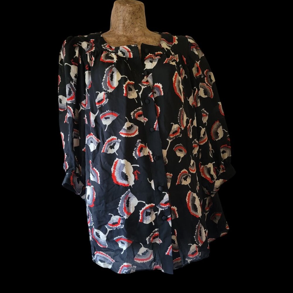 VTG Milly Silk Of New York Black Floral Print Button-Up Tunic Top Size 6